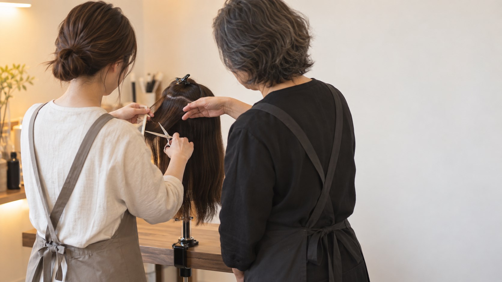 閉店後の美容室で、経験のある美容師が同僚に、練習用のウィッグを使って毛束の取り方を教えている