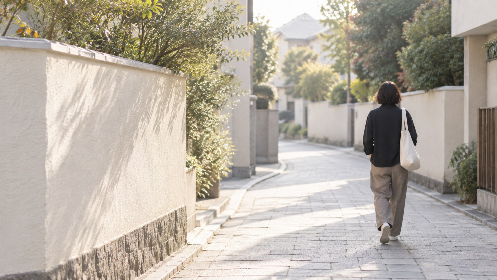 朝の光が差す住宅街の路地を、トートバッグを肩にかけた人が歩いていく後ろ姿
