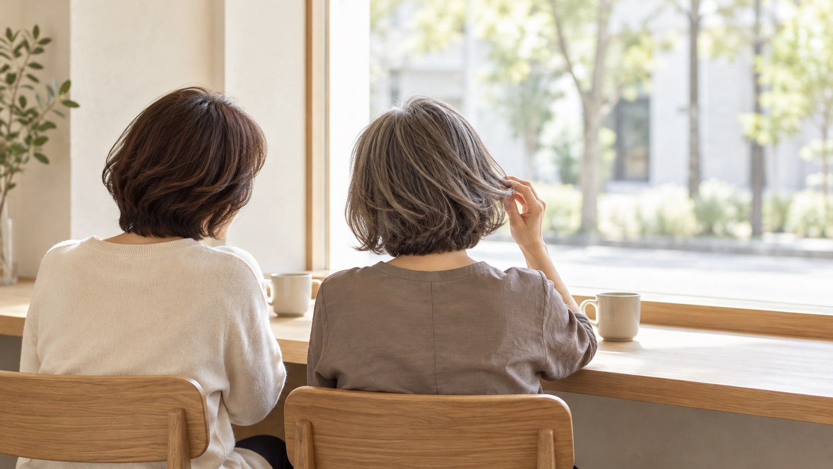 カフェの窓際に並んで座った二人の女性が、整えたばかりの髪に手をやりながら話している