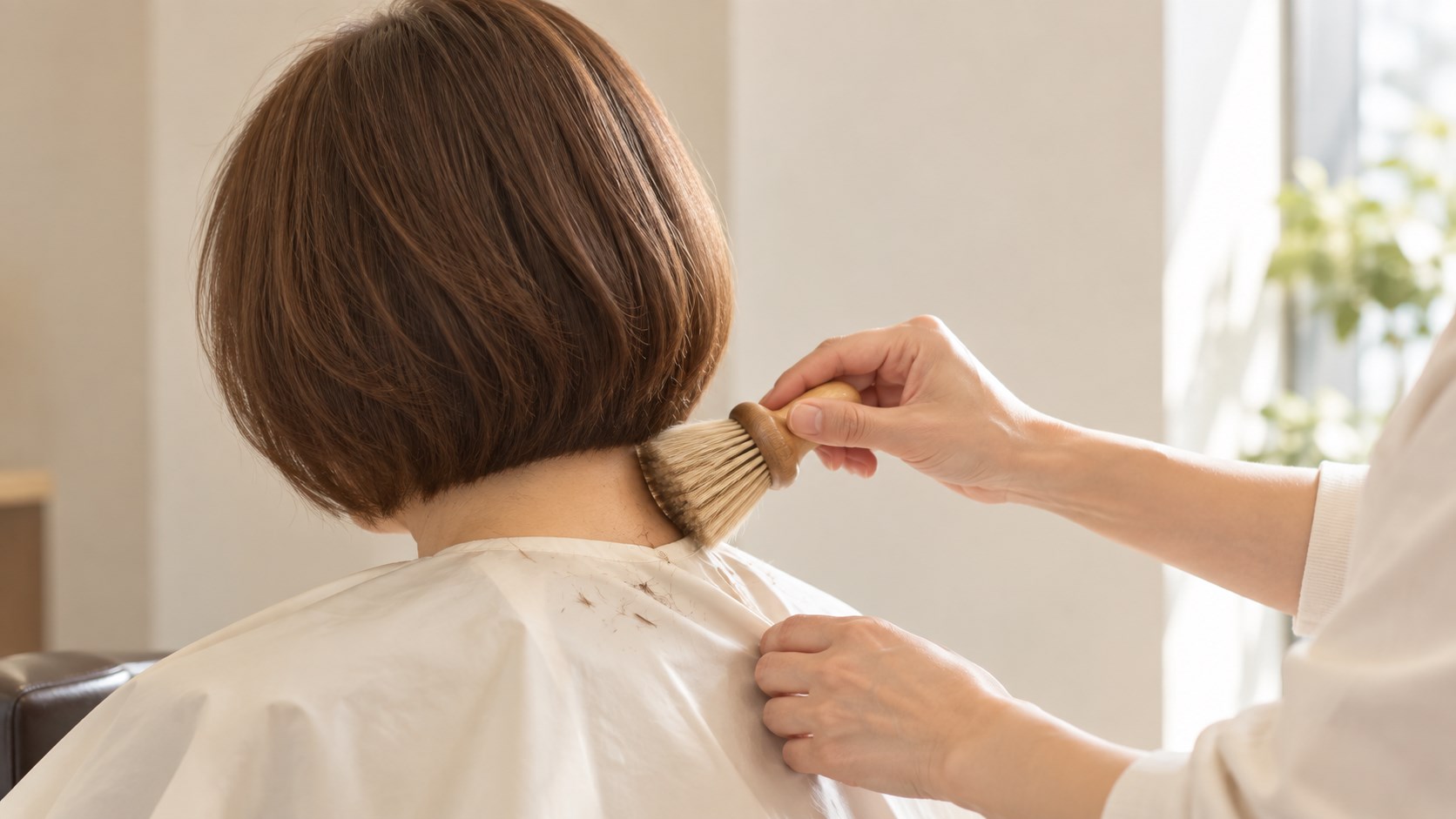 仕上がったボブヘアのお客様の首まわりを、美容師がブラシでやさしく払っている