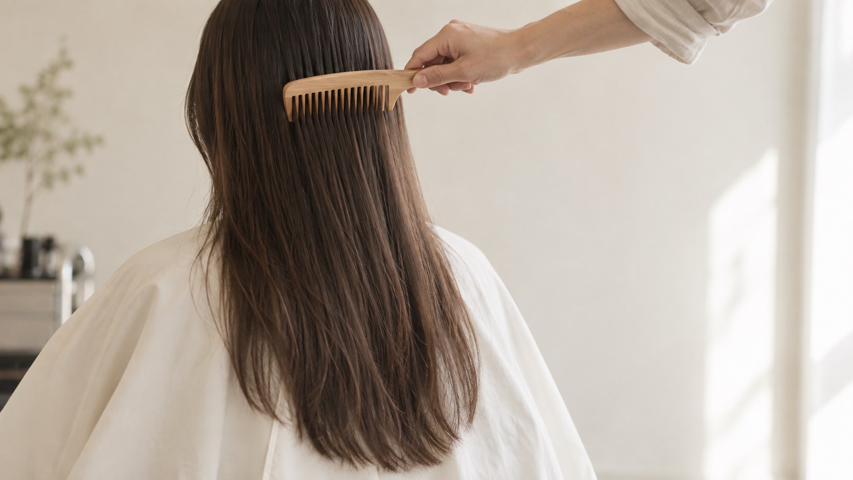 美容室の椅子に座ったお客様の、肩より長く伸びた髪に、美容師がコームを通している